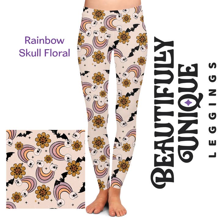 Beautifully Unique® Leggings – Großhandel Fashion-Leggings – Damen – AUSVERKAUF Regenbogen Totenkopf Blumen Leggings