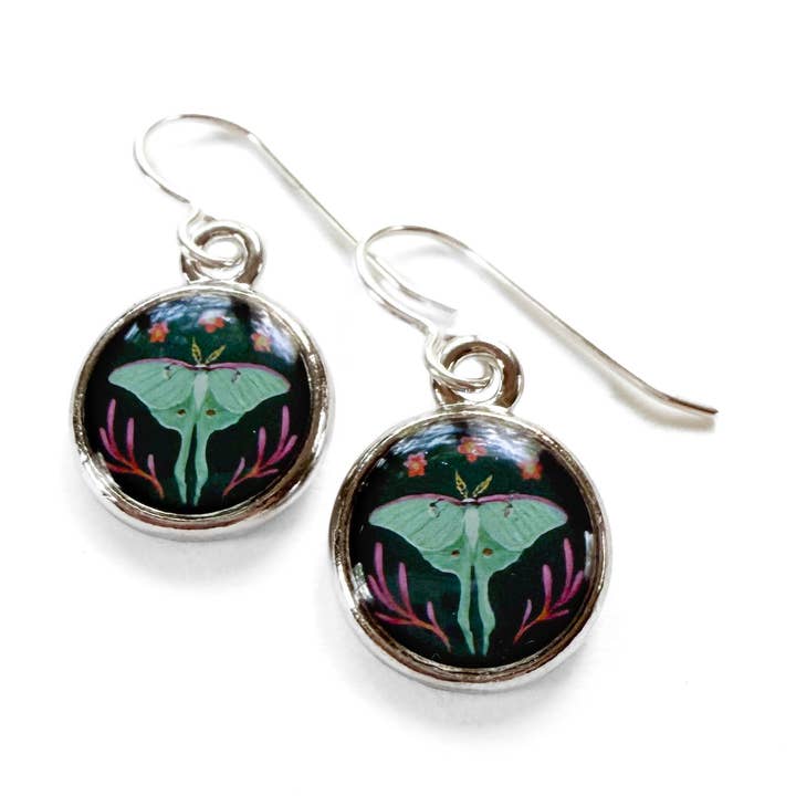 Luna Moth Round Silver Earrings for wholesale by Seed and Sky