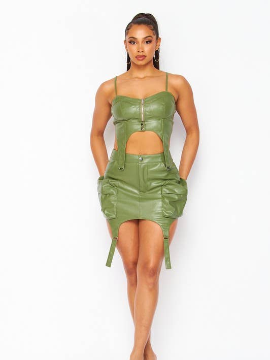 PU Bra Top and Cargo Skirts Set for wholesale by Boswell
