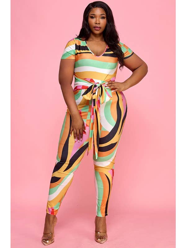 Namatt Design - Wholesale Jumpsuit - Women's - Plus Short Sleeves Deep V-Neck Tie Waist Catsuit2