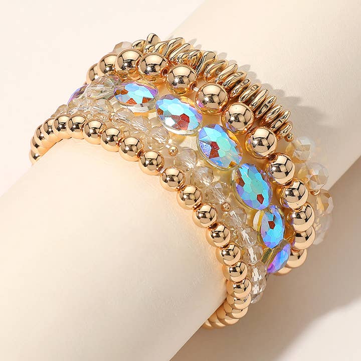 Sensibling Corp. - Venta al por mayor Juegos de joyas - Pulseras elásticas multicapa con cuentas facetadas de bola de metal de 5 piezas6