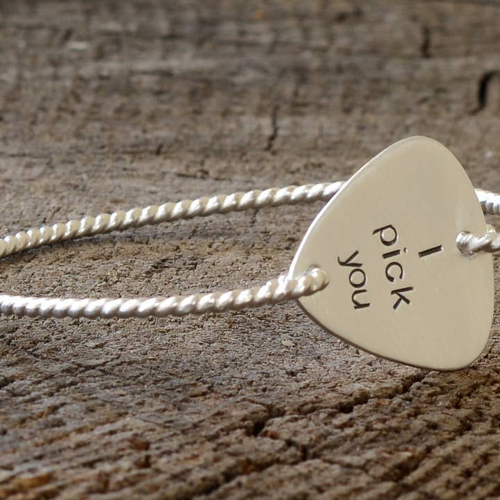 I Pick You Guitar Pick Tension Bangle with Twisted Wire all in Solid 925 Sterling Silver for wholesale by NiciArt LLC