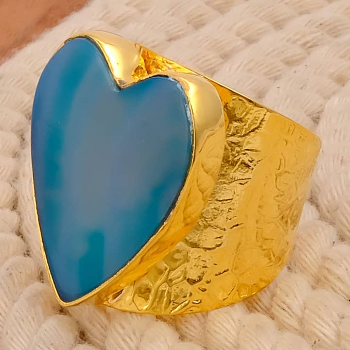 Handmade Natural Green Agate Heart Gold Adjustable Rings for wholesale by El Joyero