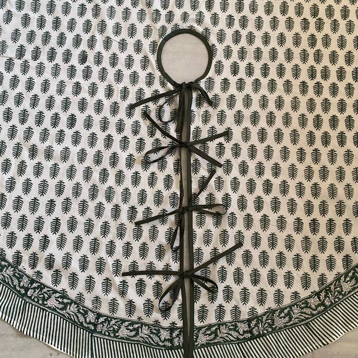 Juniper Green White Indian Leaf Print Christmas Tree Skirt for wholesale on Faire