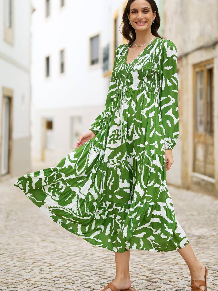 Yumi Green Abstract Print Ruched Midi Dress With Long Sleeves for wholesale by Yumi