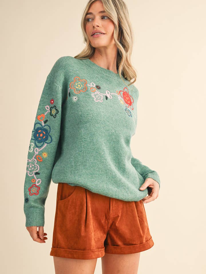 &MERCI - Wholesale Knit Sweater - Women's - FLORAL EMBROIDERY PULLOVER SWEATER MSW1096311