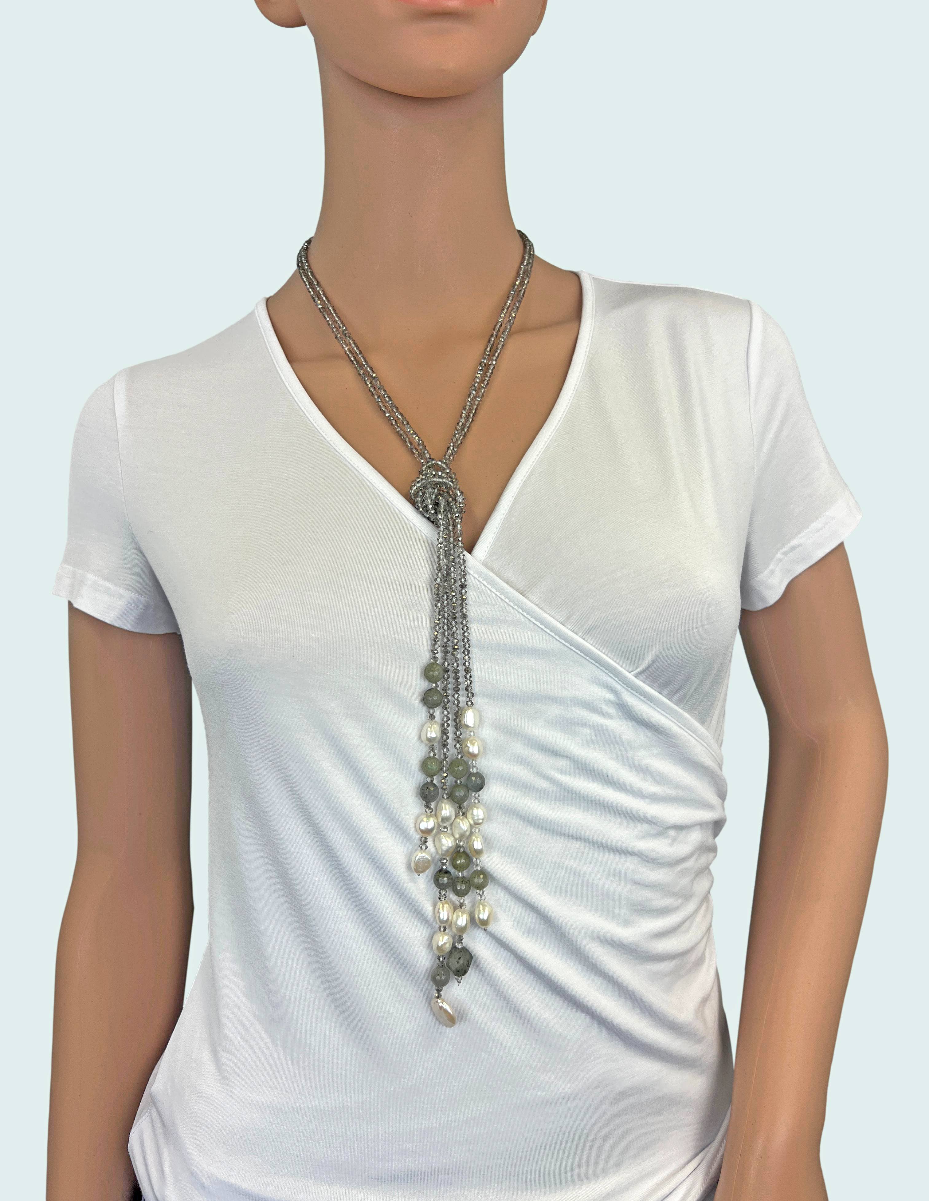 IST Jewelry - Wholesale Beaded/Pearl Necklace - Beaded Crystal and Labradorite Tassel Necklace4