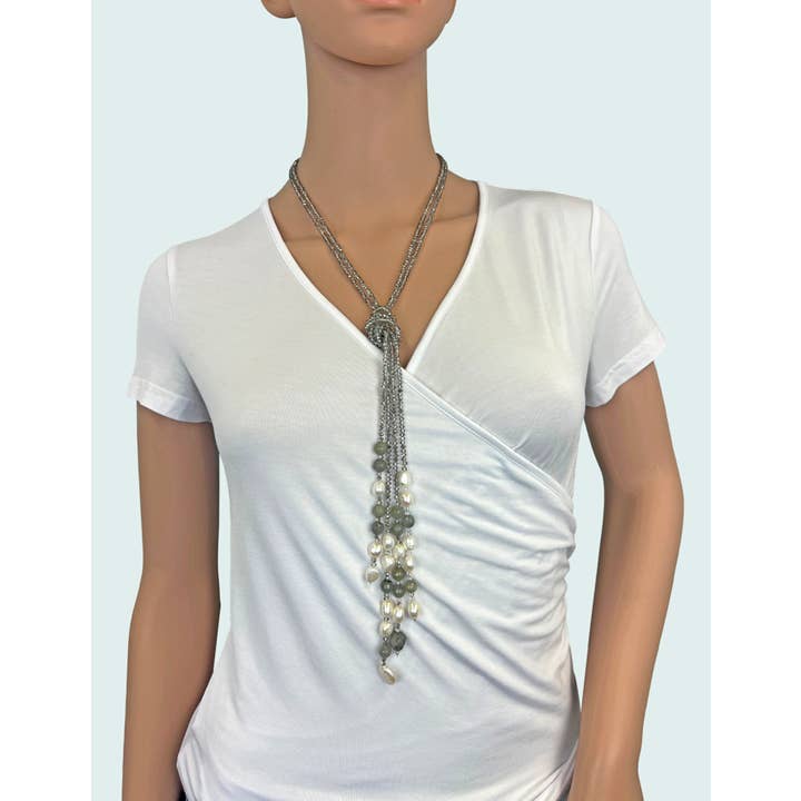 IST Jewelry - Wholesale Beaded/Pearl Necklace - Beaded Crystal and Labradorite Tassel Necklace4