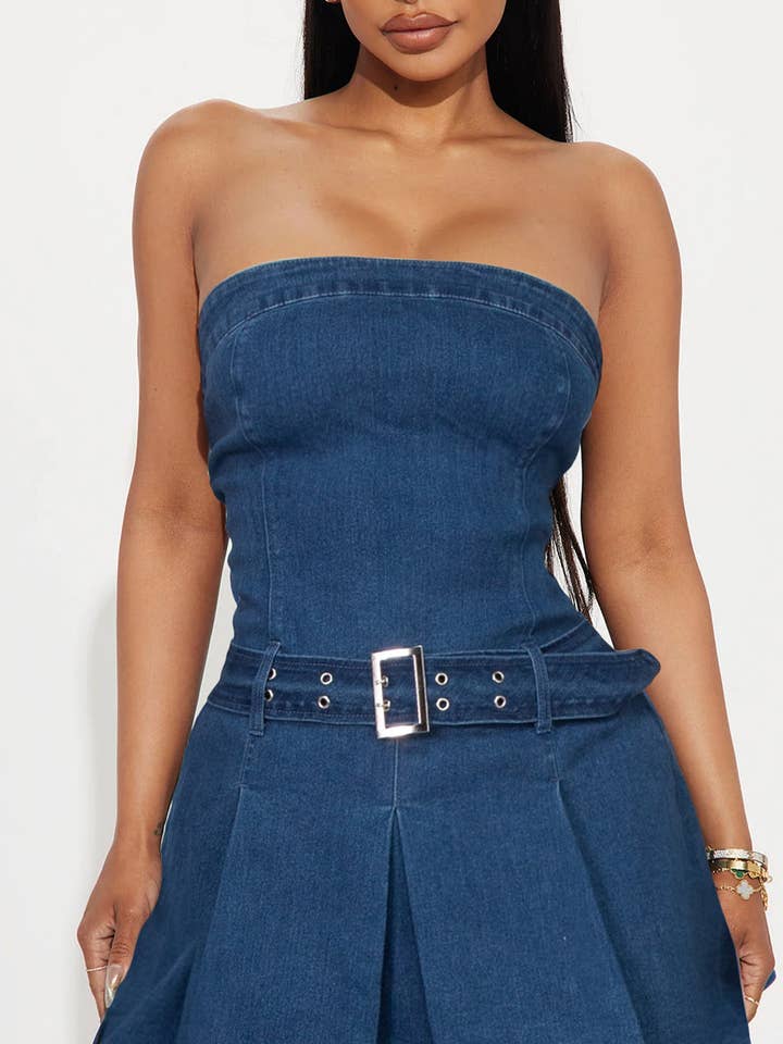 5besties inc - Wholesale Dress - Women's - BELTED DENIM TUBE DRESS