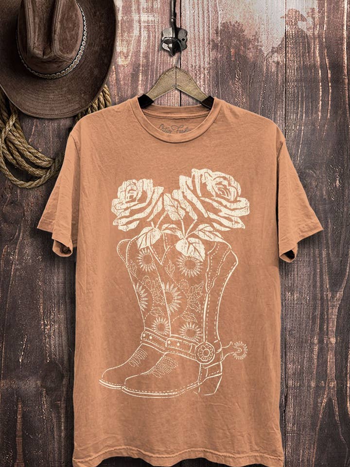 Lotus Fashion Collection - Wholesale Screen Printed T-Shirt - Women's - Boots Roses Graphic Top