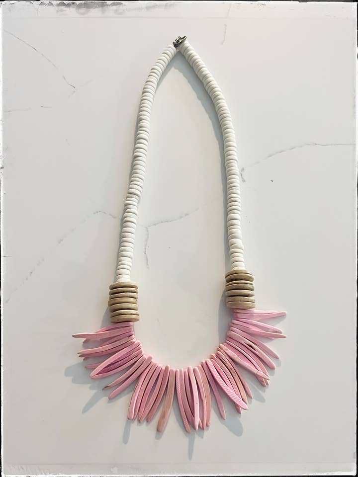 Pink & Tan Coconut Wood Stick & Disk Bead Necklace for wholesale by GentrybyJenna