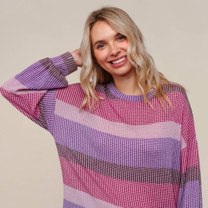 HT4384A- Top de malha waffle com mangas bufantes e riscas multicoloridas por atacado de IWT Brands