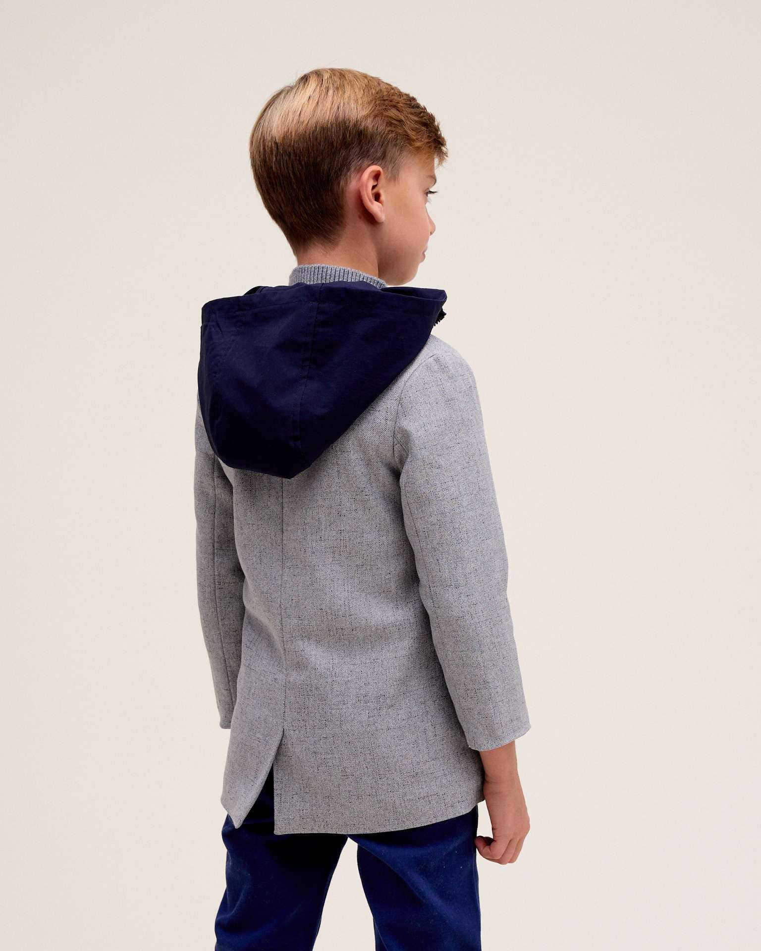 Grey Boy's blazer-style coat in heather gray with a hood for wholesale on Faire1