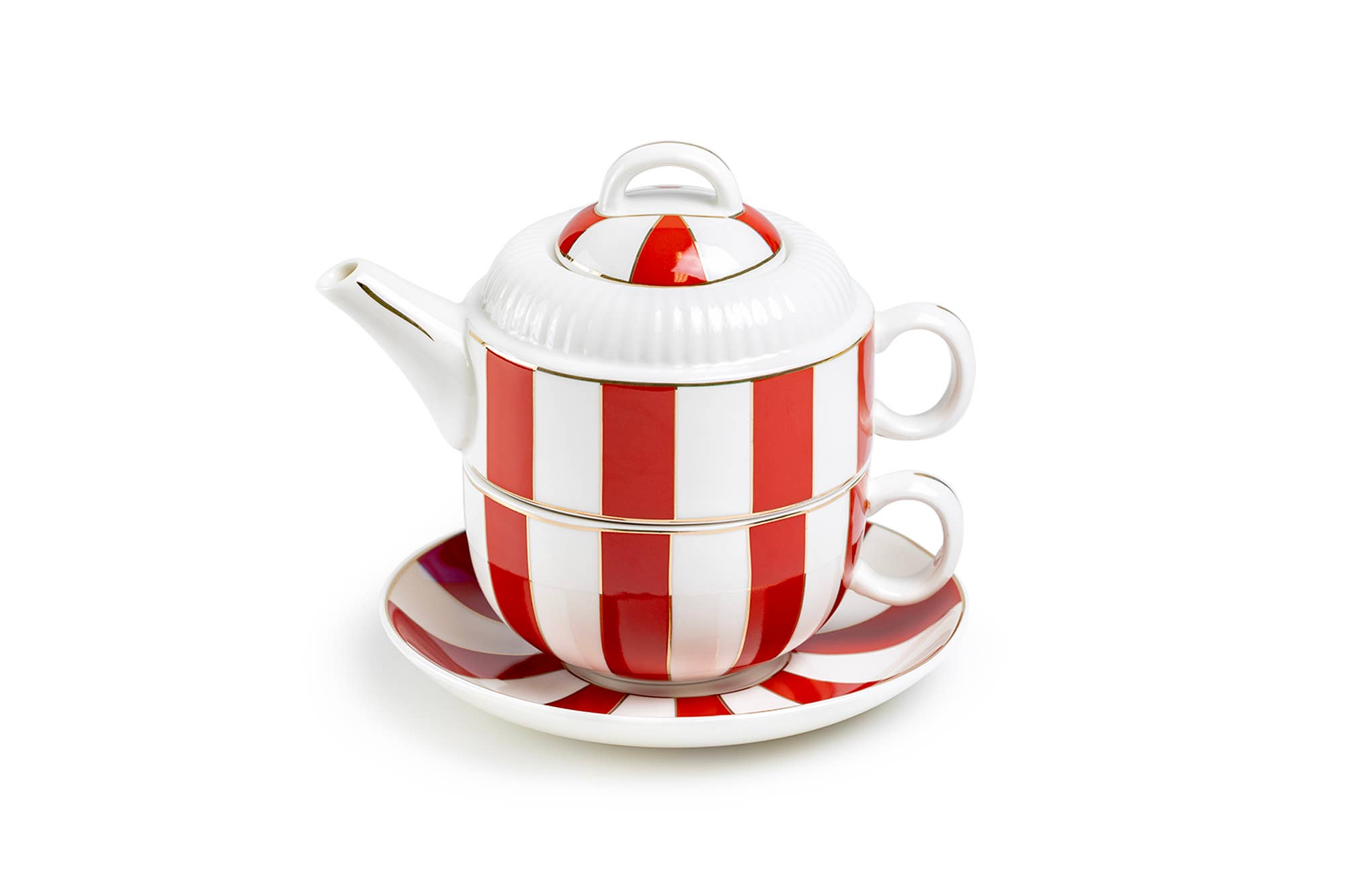 Grace Teaware - Wholesale Tea Set - Red Carousel Stripes Fine Porcelain Tea For One Set3