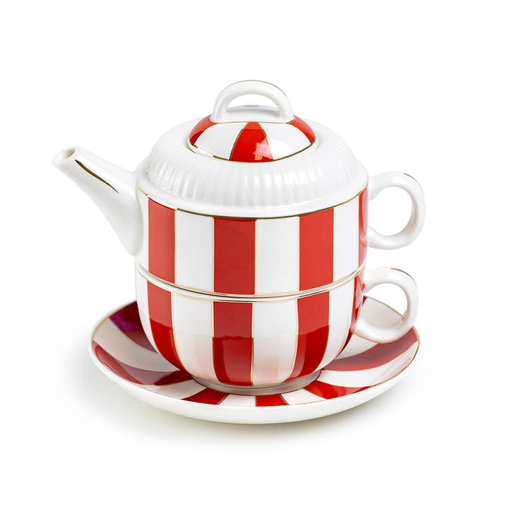 Grace Teaware - Wholesale Tea Set - Red Carousel Stripes Fine Porcelain Tea For One Set3