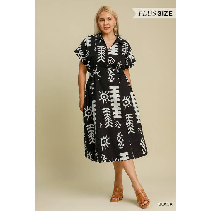 BNS - Wholesale Dress - Women's - PLUS Abstract Print Elastic Waist Midi Dress