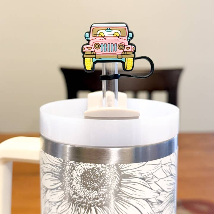 Vroom Blooms - Venta al por mayor Pajitas para beber - Juego de 3 tapas para pajitas - Jeep Rosa, Sol, Solo Diviértete