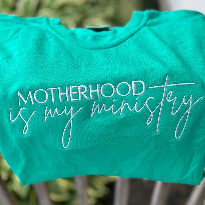 Motherhood Is My Ministry Embroidered Comfort Colors T-Shirt for wholesale by Your Embroidery Girl