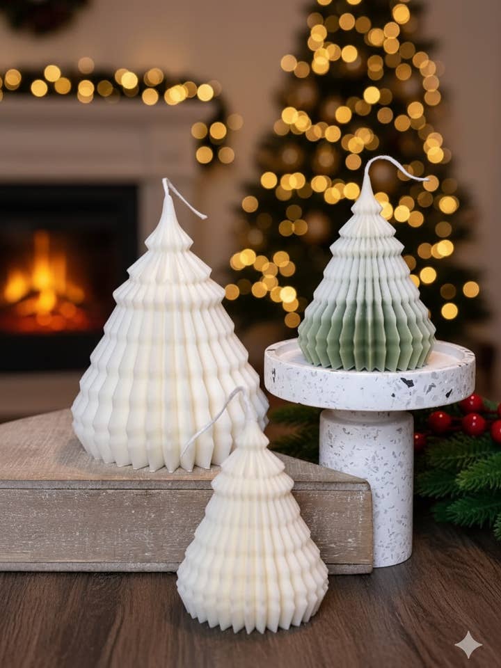 Candele a forma di albero di Natale origami per decorazioni festive per la vendita all'ingrosso da parte di Crazy About Candles