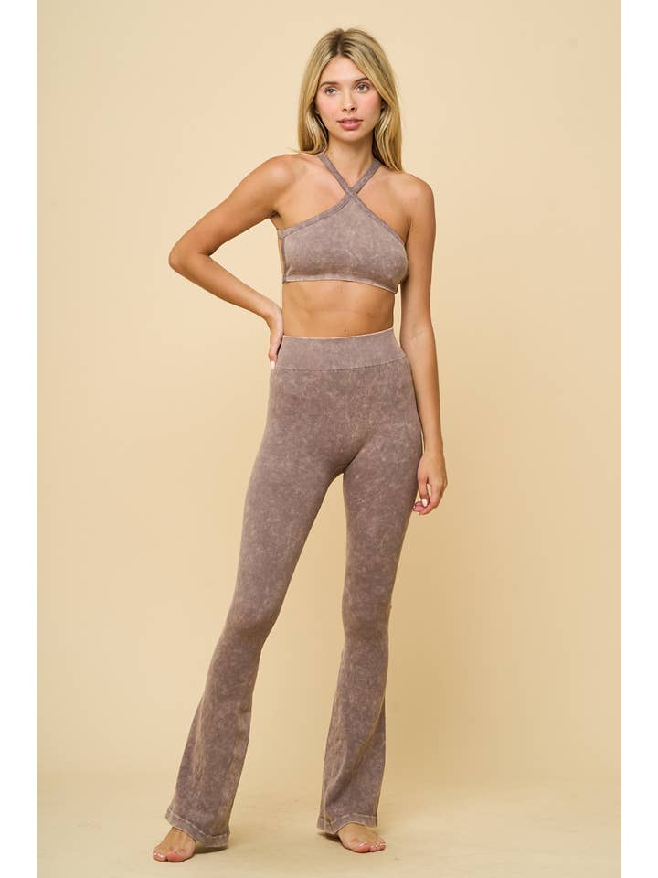 ANWND - Wholesale Lounge Set - Women's - 54154SET- WASHED CROSSWAY HALTER TOP AND FLARE PANTS