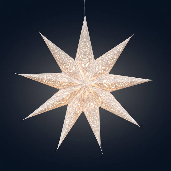 Artschatz LLC - Venta al por mayor Lámpara/farol de papel - Phoenix ~ 9P, 25" luz de estrella de papel blanco/gris