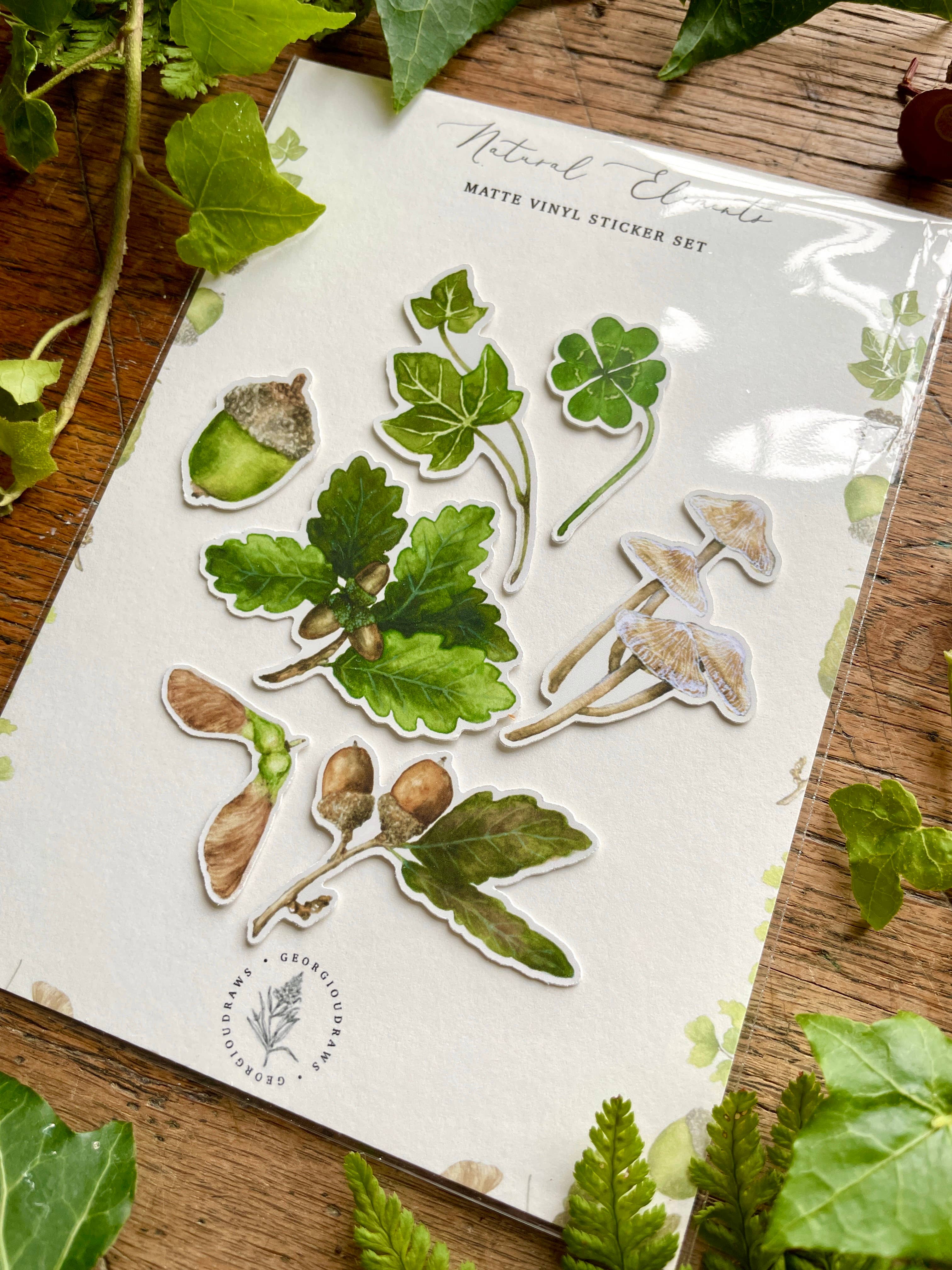 Georgiou Draws – wholesale Sticker – Woodland Nature Elements Matt Vinyl Sticker Set1