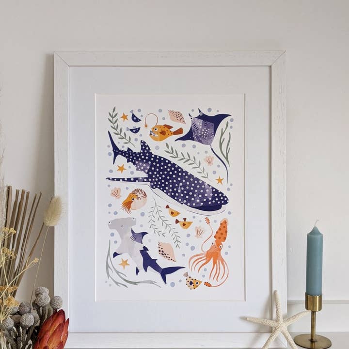 Slow Sunday - Wholesale Art Print - Kids & Baby - ‘Deep Blue Sea’ Whale Shark, Hammerhead And Sea Creatures Fine Art Print For Children2