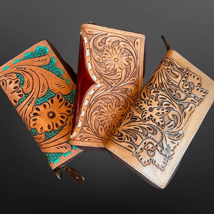 CLEARANCE Tooled Leather Western Accordion Wallet for wholesale by Westrian International