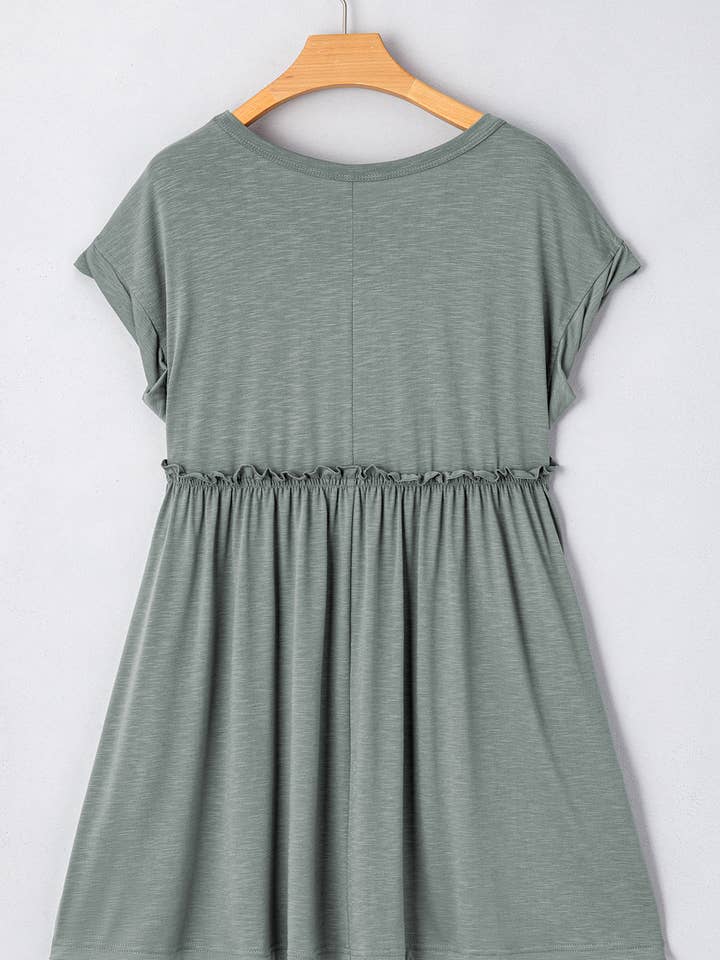 Mist Green Frilled Gathered Seam Round Neck T Shirt Dress for wholesale on Faire11