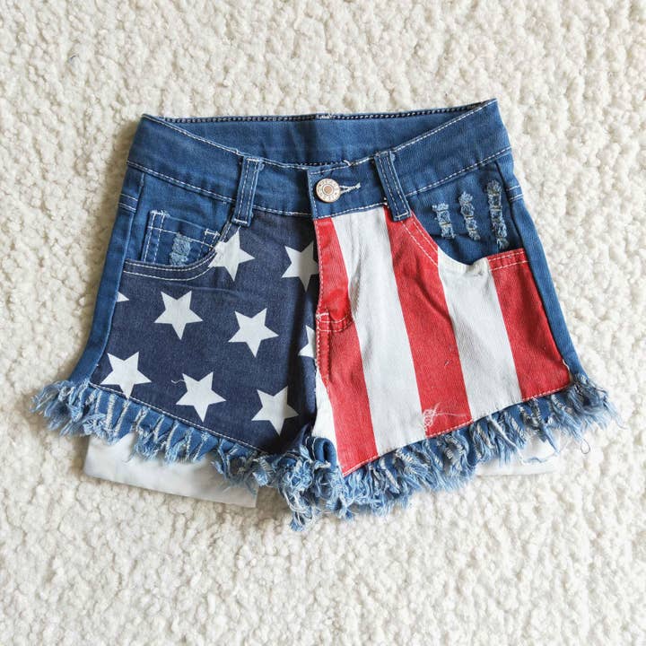Yawoo Garments - Wholesale Shorts - Kids - Star and stripe denim baby girls 4th of july shorts