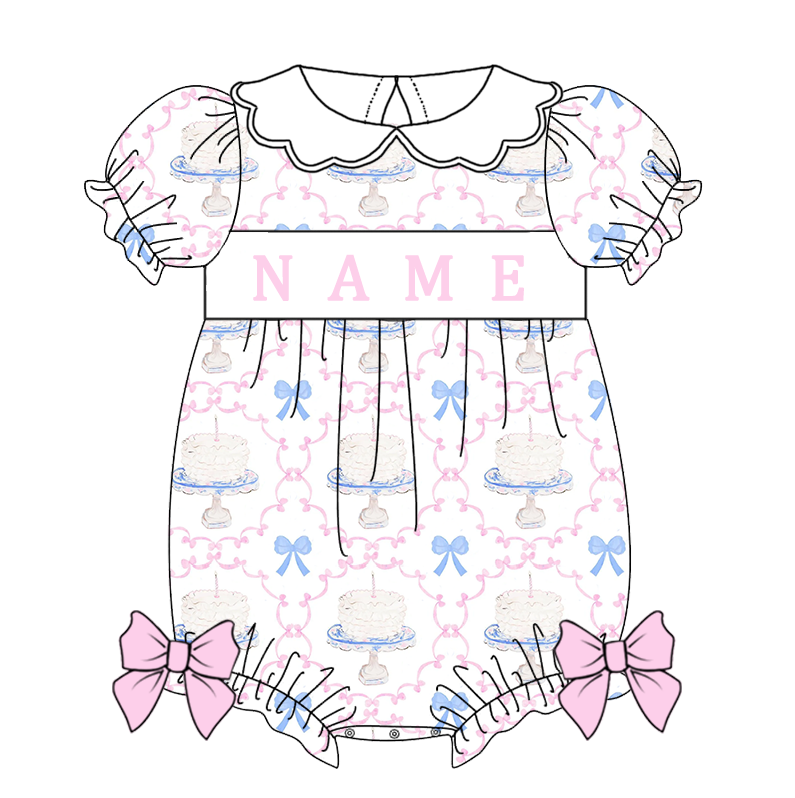 Auraquise - Wholesale Clothing Set - Baby - Kids Birthday Custom Name Embroidery Bow Cake Blue Sibling Clothes1