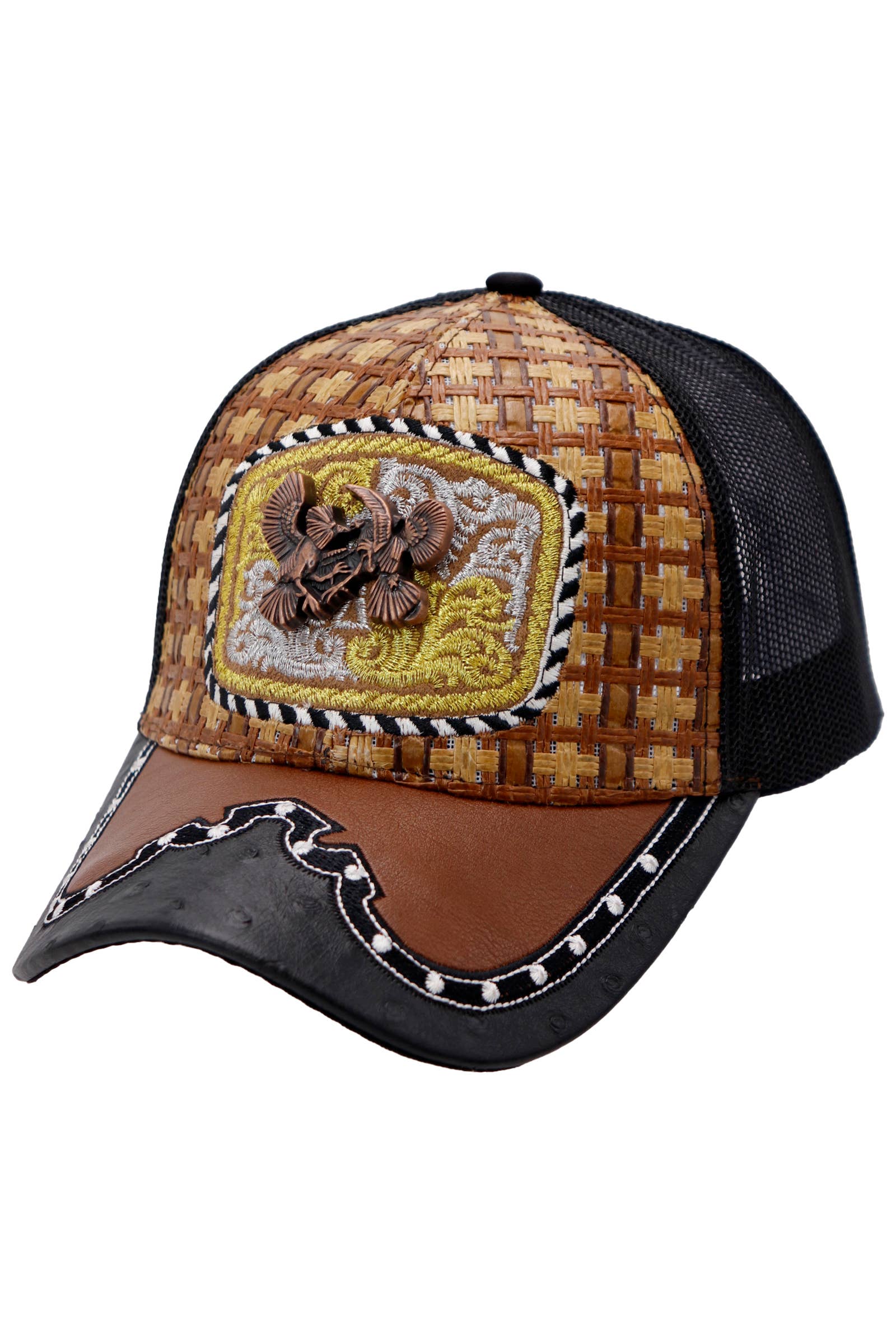 Cap Zone – Engroshandel Trucker hat - Unisex – Bronzed Emblem Vegansk Læder Strå Mesh Charro Kasket14