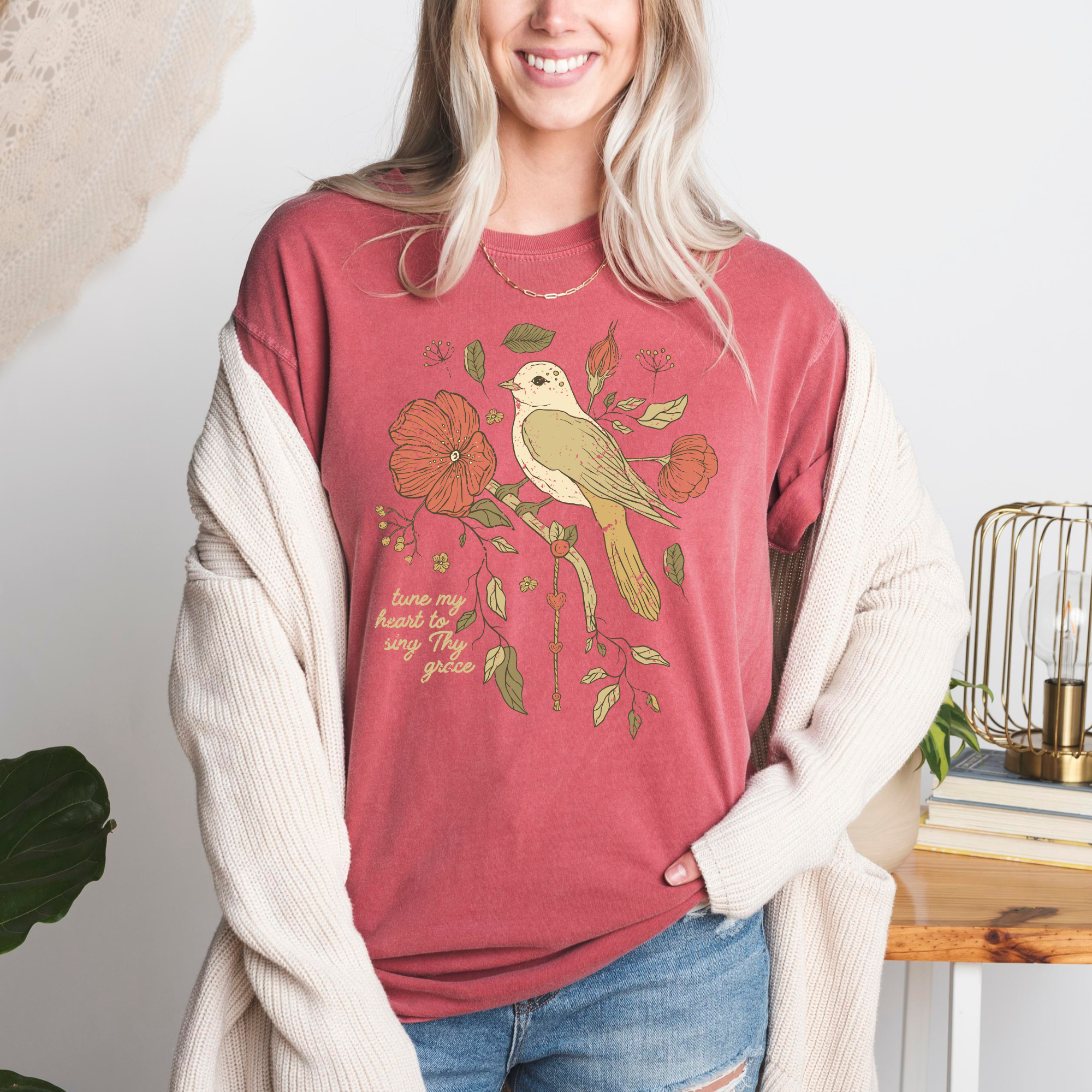 Scripted Pearl - Wholesale T-Shirt (Graphic) - Women's - Tune My Heart with Bird Comfort Colors Christian Graphic Tee12