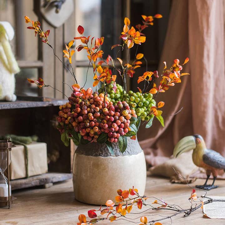 Rustic Reach - Wholesale Artificial Plant - Artificial Fruit Berry Bunch Green and Orange Red 11" Tall1