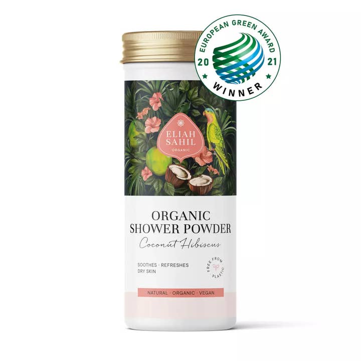 Poudre de douche bio coco hibiscus 90g pour la vente par Eliah Sahil Organic Care USA