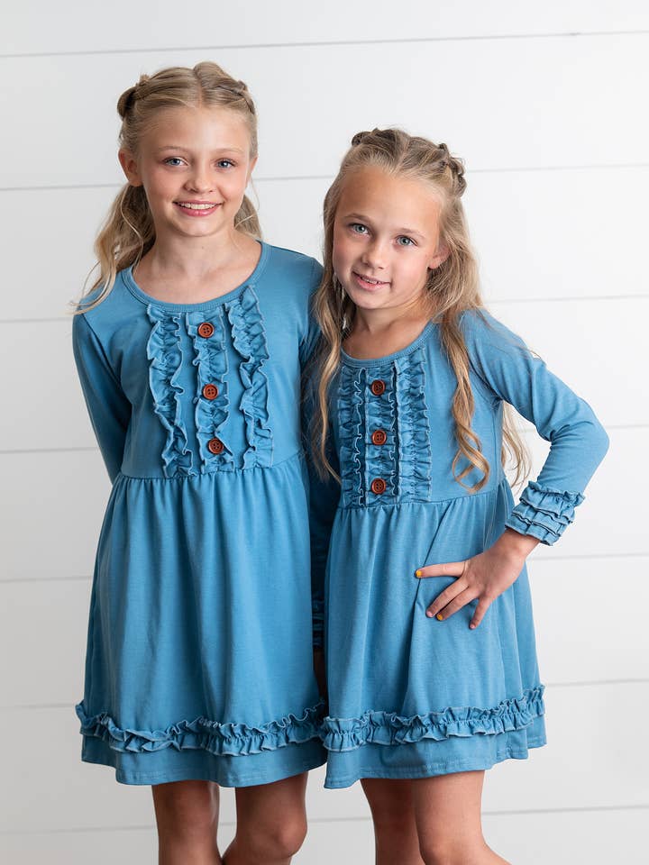 Girls Long Sleeve Solid Blue Ruffle Button Fall Winter Dress for wholesale by Adorable Sweetness