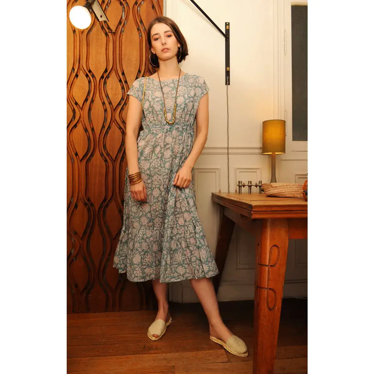 B A O B A B - Mode - Wholesale Dress - Women's - ALICIA long dress with Indian print in almond green0