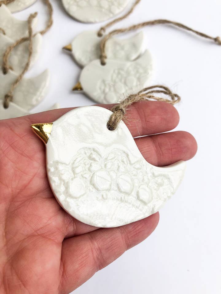 Ornamento de pássaro em cerâmica branca - pack de 3 por atacado de Clay Blanca