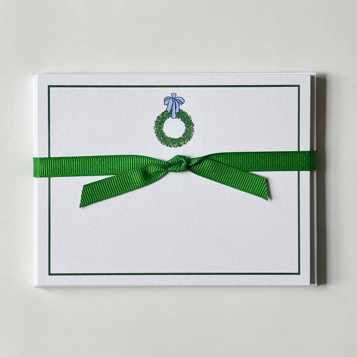 Wreath 25, Blue Bow - Flat Note Cards for wholesale by Georgetown Paperie