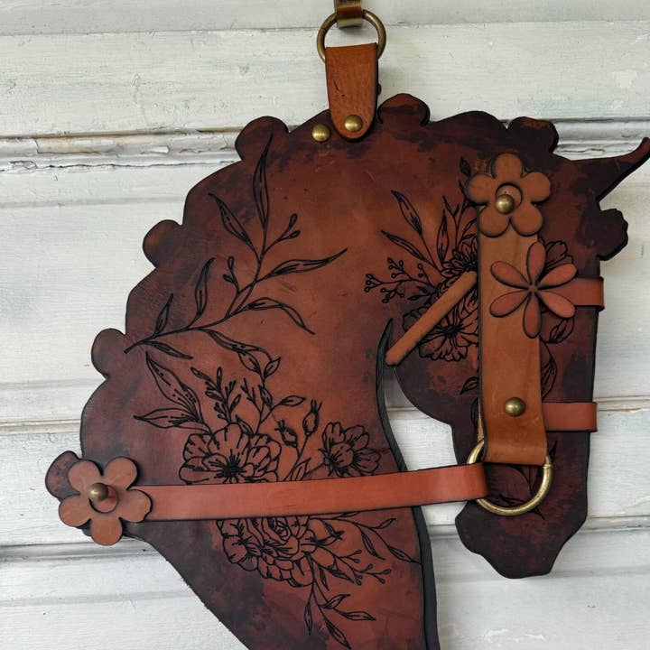 Authentic Leather and wood Horse Head Wall Decor for wholesale by All Designs Equine