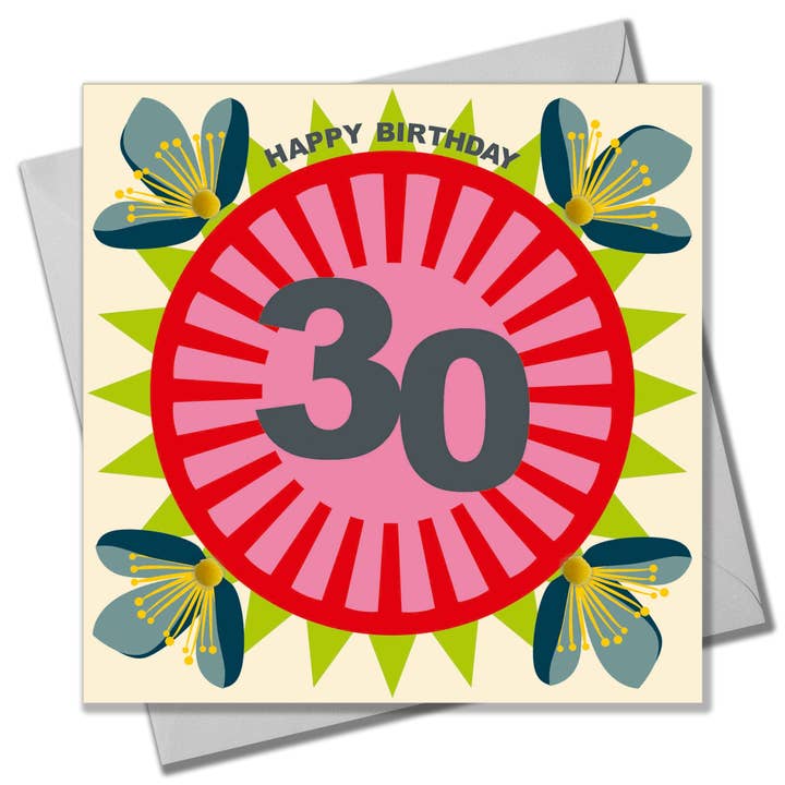 Carte d'anniversaire, 30 ans - Fleurs, Joyeux 30e anniversaire, Ornée de pompons pour la vente par Claire Giles Ltd