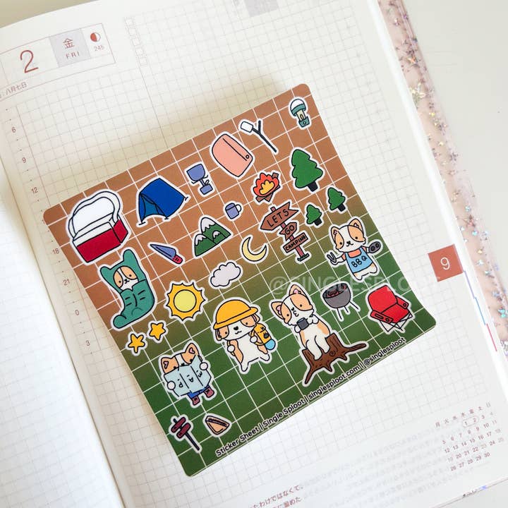 Låt oss gå och campa Corgi klistermärkesark för wholesale av Single Sploot