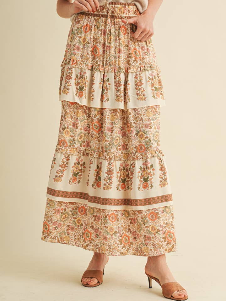 &MERCI - Wholesale Skirt - Women's - RUFFLE TIERED BORDER PRINT MIDI SKIRT MSK41662