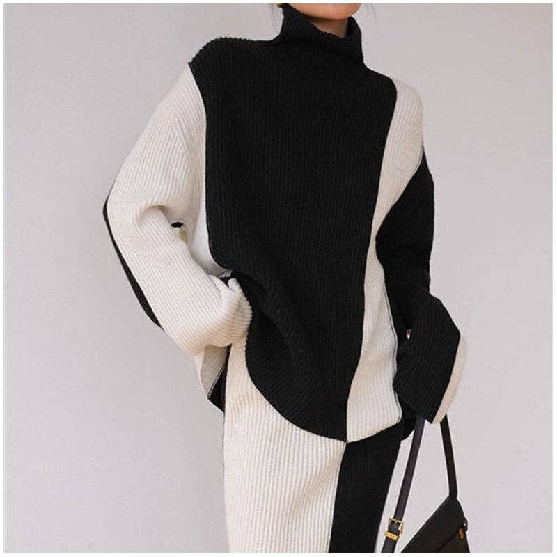 UZ Wholesale Store – wholesale Top & skirt set – Women's – Color Block High Neck Sweater And Skirt Set4