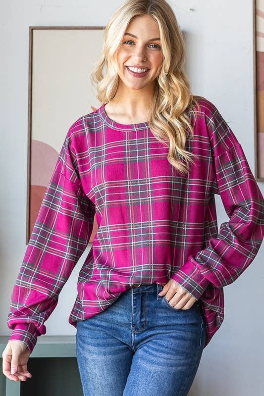 MAGENTA ET7470-17 TOP CON STAMPA SCOZZESE CON MANICHE LUNGHE A SBUFFO in vendita all'ingrosso su Faire2