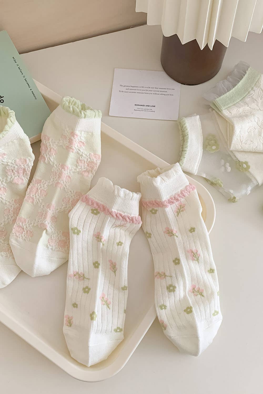 Blank Short socks with pink flowers and ruffled edge 🌸🤍 for wholesale on Faire1