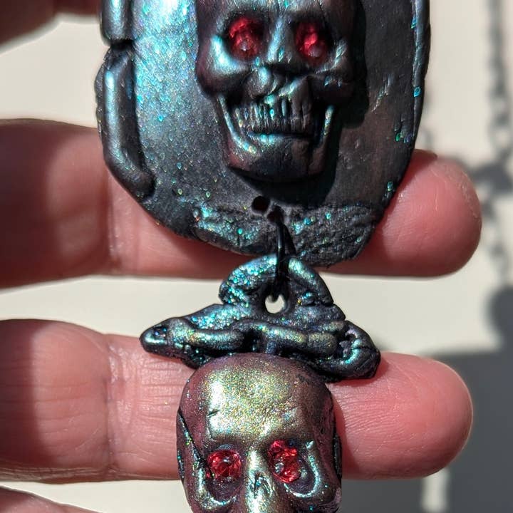 Gay Isber Designs - Wholesale Pendant/Charm Necklace - Spooky Skull Necklace Handmade Halloween Jewelry by Sugar Gay Isber – One-of-a-Kind, Ready to Ship! 22 inch black chain Unisex1