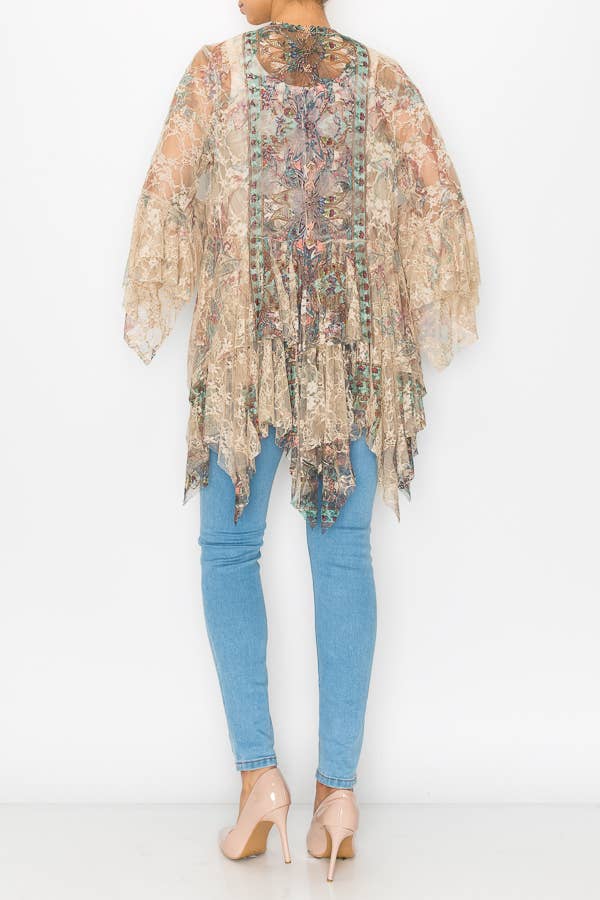 Origami Apparel ~  Lace and Crochet inspired – Großhandel Strickjacke – Damen – Klassische Strickjacke aus Spitze mit gestuften Lagen - 4618TP/TURQ3