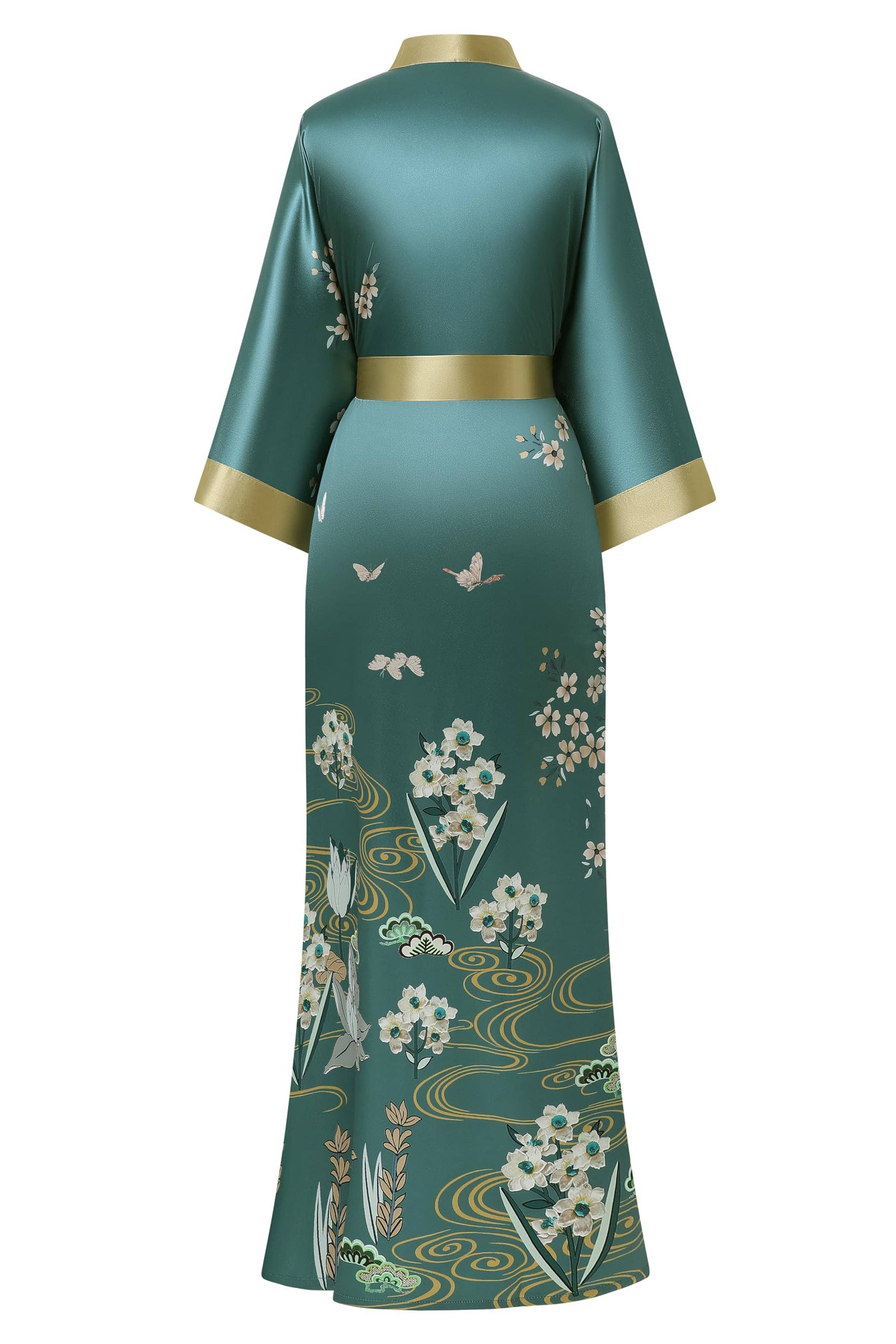 Forest Green Gold Floral Silk-Satin Kimono Robe for wholesale on Faire4