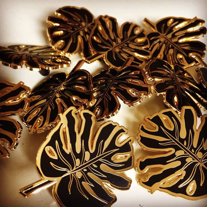 Big Monstera enamel pin for wholesale by Sherbet Punch Studios